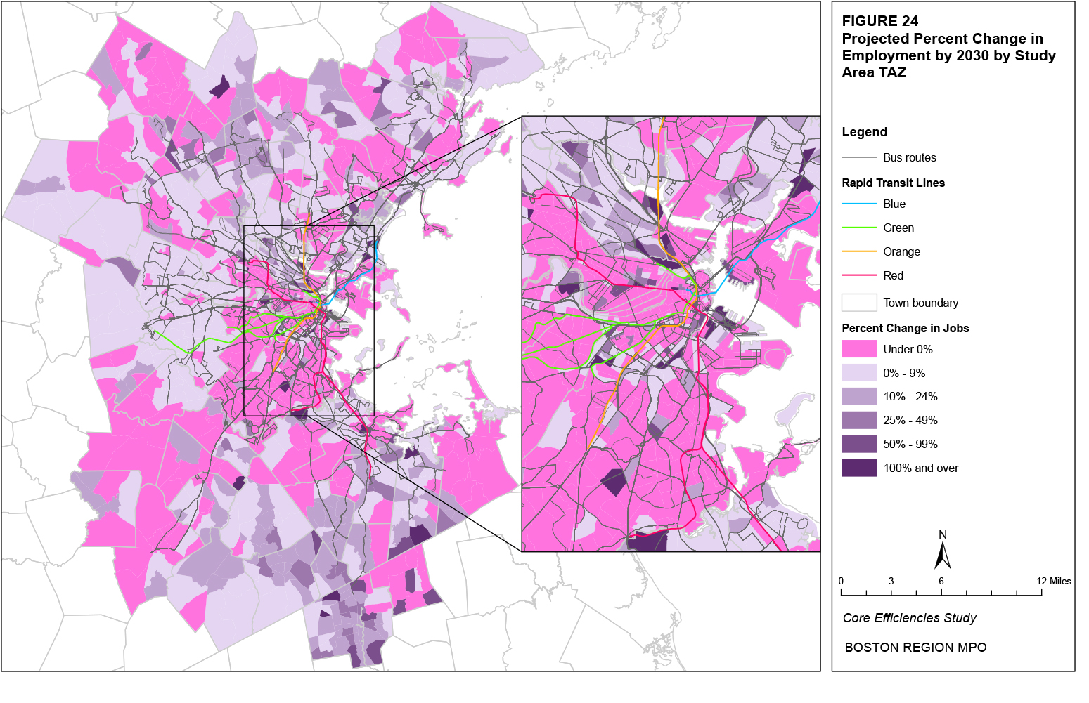 This map shows the projected percent change in population by TAZ.